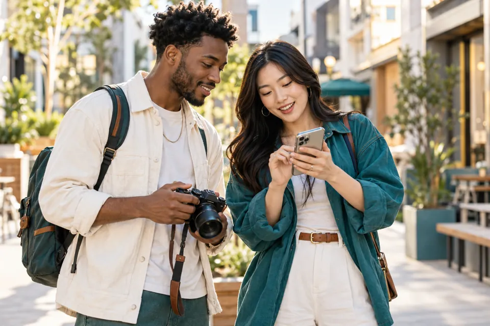 Two creators discussing a photo shoot while reviewing a smartphone and camera