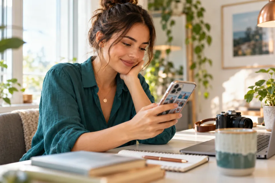 A creator reviewing social media photos on her smartphone beside a notebook and camera