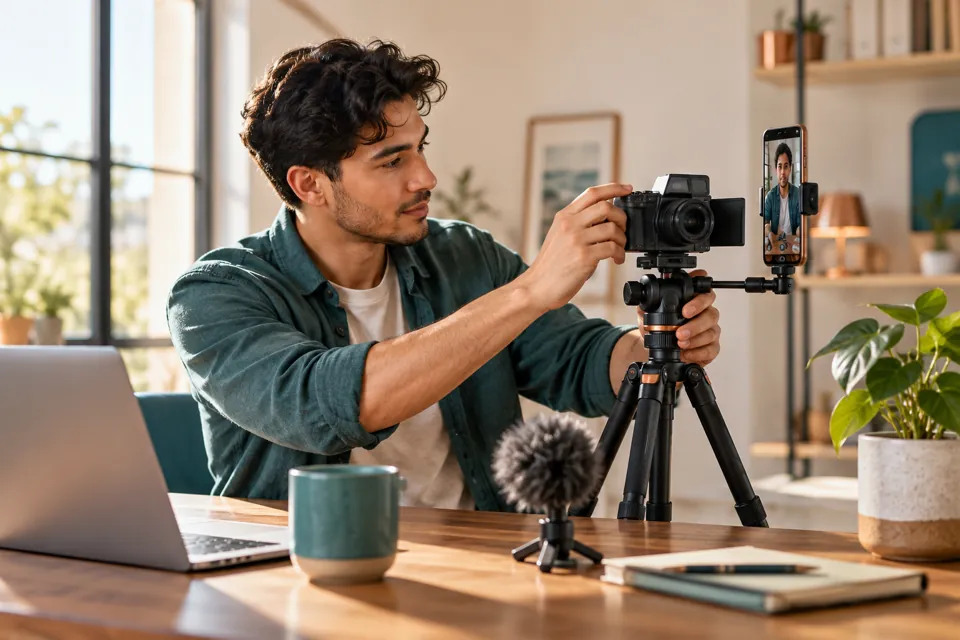 A video creator preparing a camera and portrait-oriented smartphone for a recording