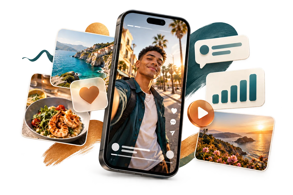 Social media collage with a creator on a smartphone, content cards, reactions and a growth chart